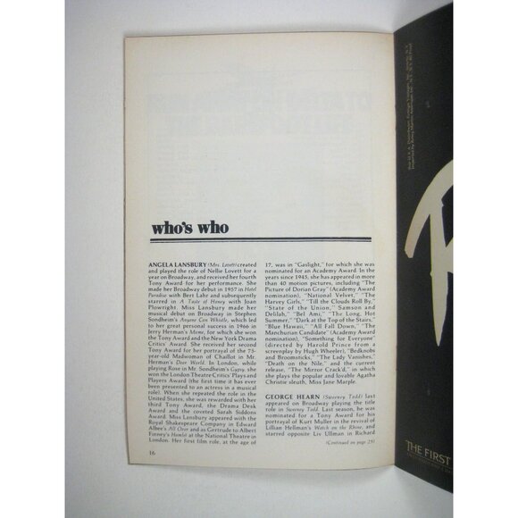 Sweeney Todd Stagebill Arie Crown Theatre Angela Lansbury George Hearn 1981 - Picture 5 of 6